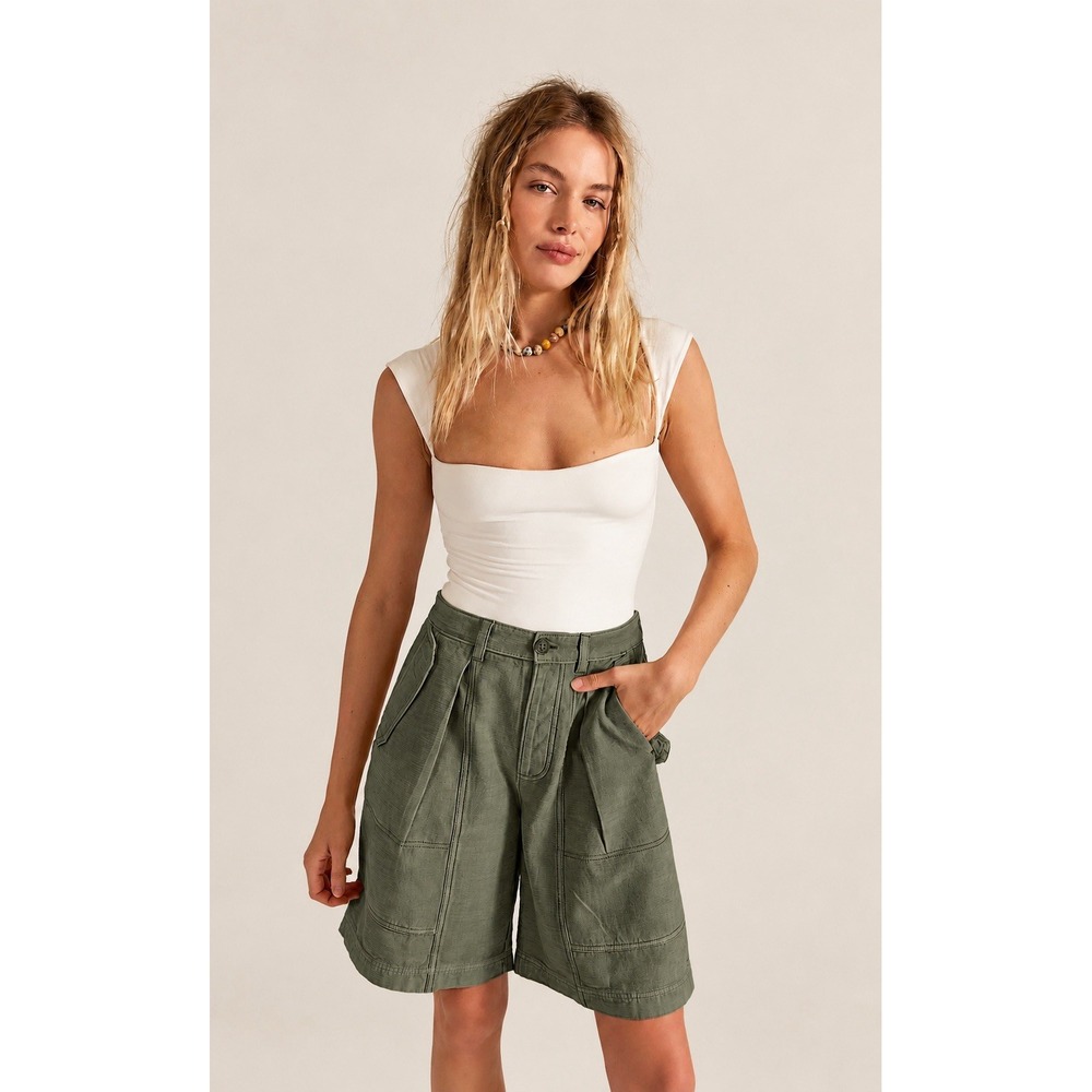 Free People Tybee Pleat Chino Shorts XL Tropics Green Olive NWT